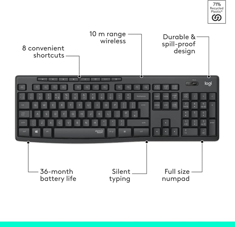 Logitech MK295 Silent Wireless Mouse & Keyboard Combo with SilentTouch Technology, Full Numpad, Advanced Optical Tracking, Lag-Free Wireless, 90% Less Noise,