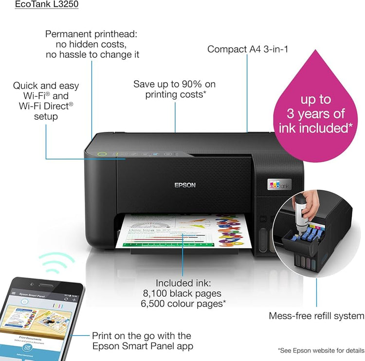Epson EcoTank L3250 Home ink tank printer A4, colour, 3-in-1 printer with WiFi, comes with 2 Black+3 Colour inks inside, UAE Warranty