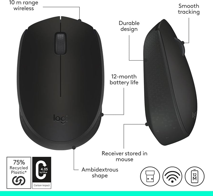 Logitech M171 Wireless Mouse for PC, Mac, Laptop, 2.4 GHz with USB Mini Receiver, Optical Tracking, 12-Months Battery Life, Ambidextrous - Black