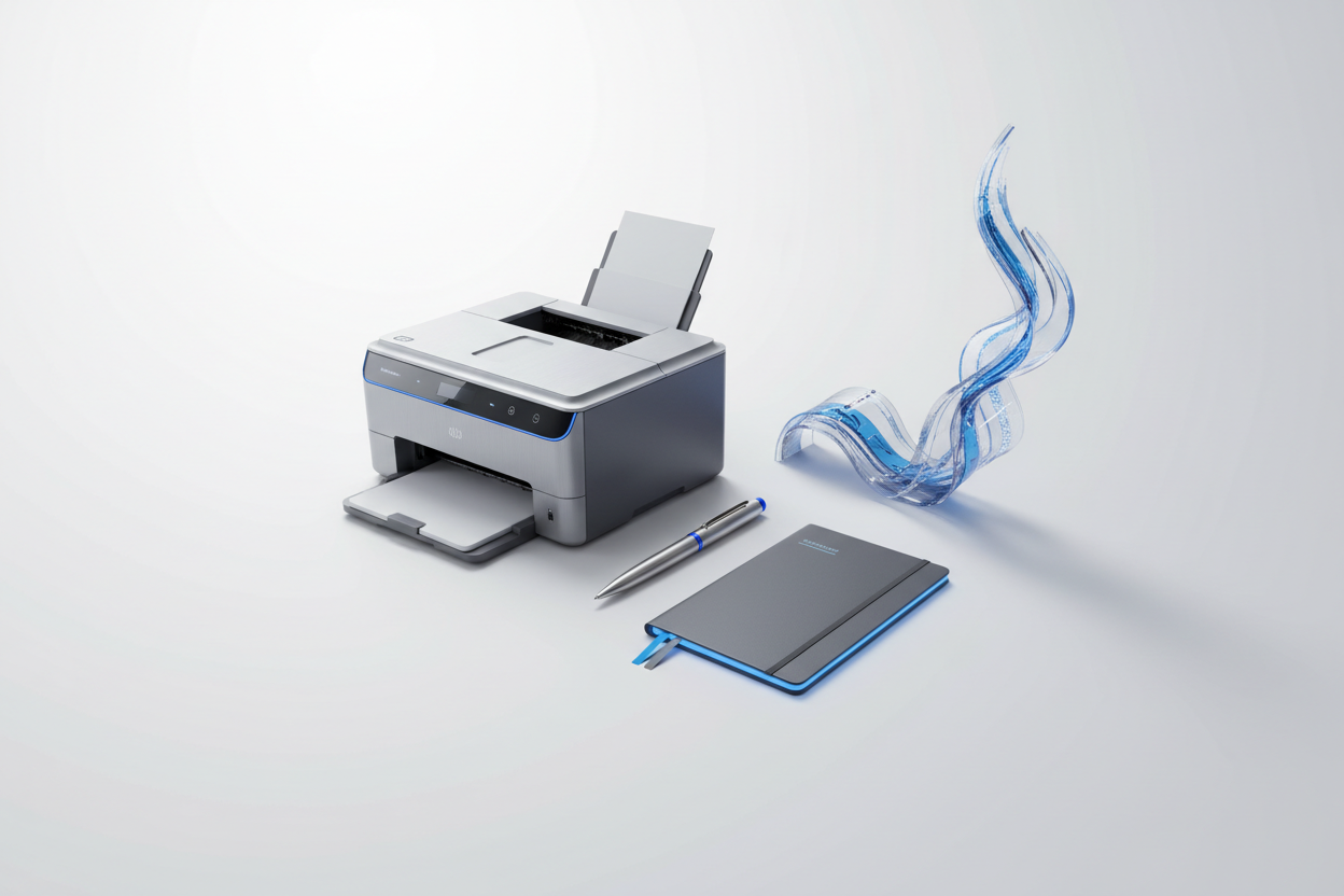"A sleek, modern presentation slide image (16:9 ratio). Feature a carefully arranged, minimalist display of office/IT products: a next-gen laser printer, sophisticated metal pen, smart notebook, and an abstract representation of thermal ribbon. Products are sharp, casting subtle, long shadows on a gradient white-to-light-grey background. Ample clean space for text. The aesthetic is high-tech, clean, and forward-thinking, with cool tones."