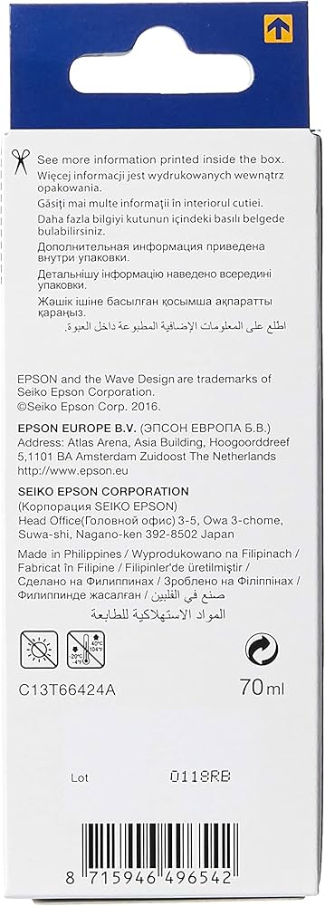 Epson T6642 Ecotank Ink Bottle, Cyan For Printer Refill, 70ml