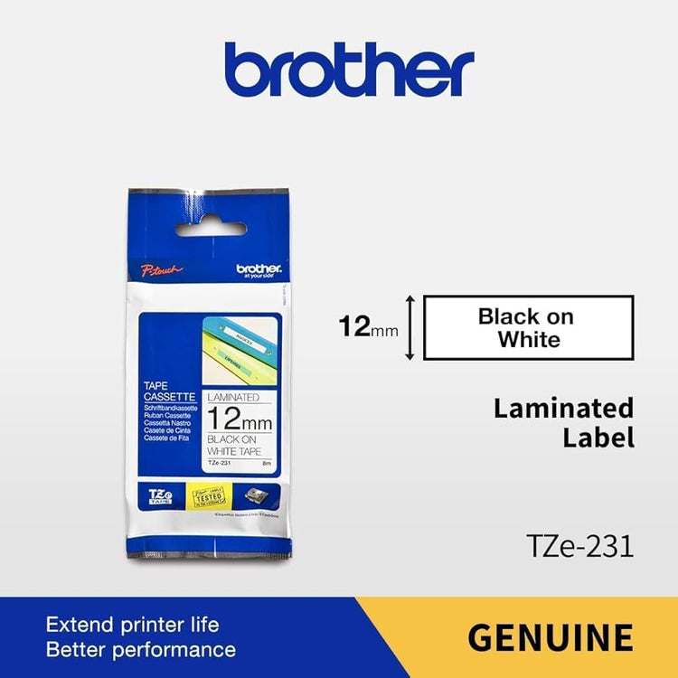 Brother Tze-231 Black On White Label Tape, 12 Mm Size