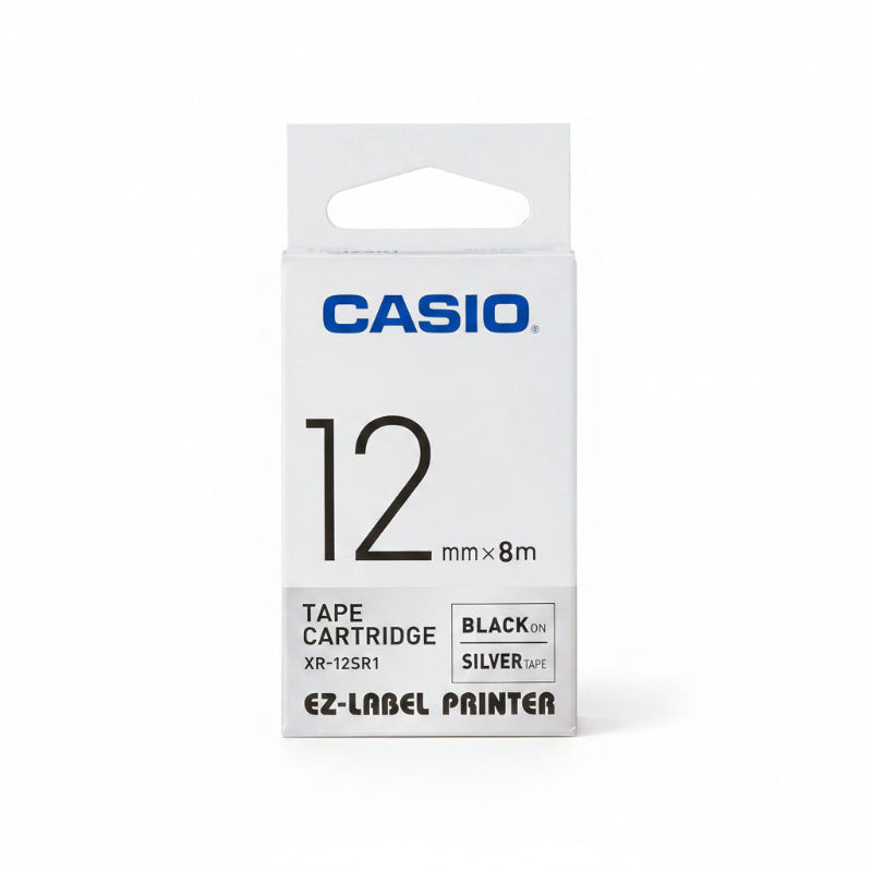 Casio EZ Label Printer XR-12SR1 Black on Silver, self-Adhesive Label Tape, 12 mm x 8 m.