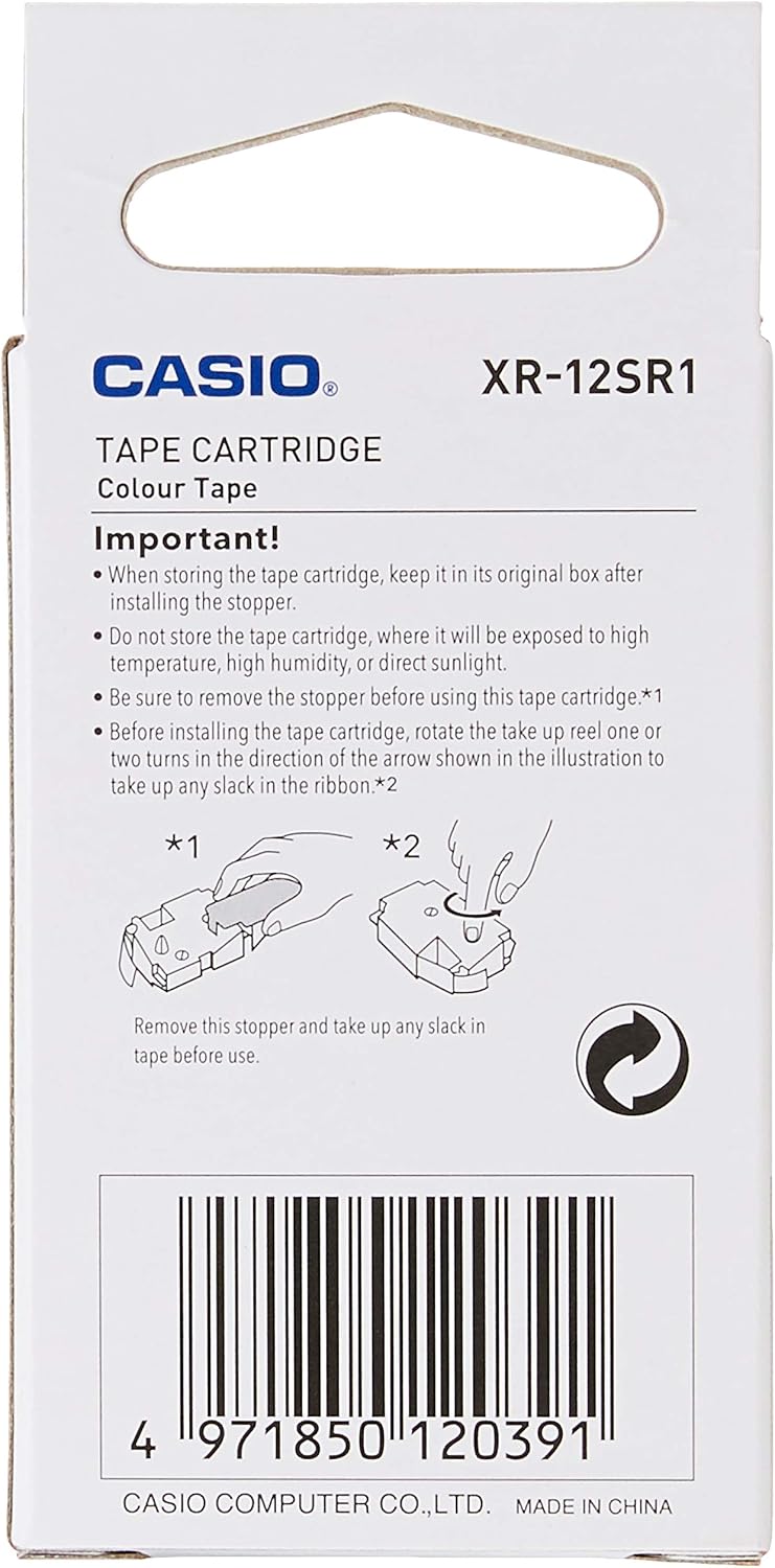 Casio EZ Label Printer XR-12SR1 Black on Silver, self-Adhesive Label Tape, 12 mm x 8 m.