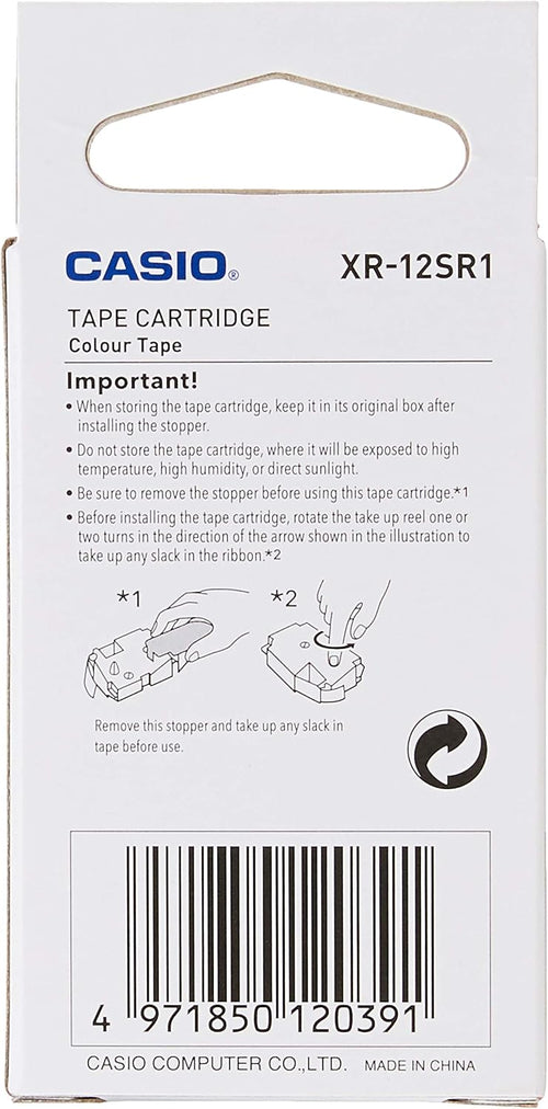 Casio EZ Label Printer XR-12SR1 Black on Silver, self-Adhesive Label Tape, 12 mm x 8 m.