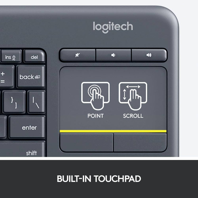 Logitech K400 Plus Wireless Touch TV Keyboard With Easy Media Control and Built-in Touchpad, HTPC Keyboard for PC-connected TV, Windows, Android, Chrome OS, Laptop, Tablet, US INT'L Layout - Black