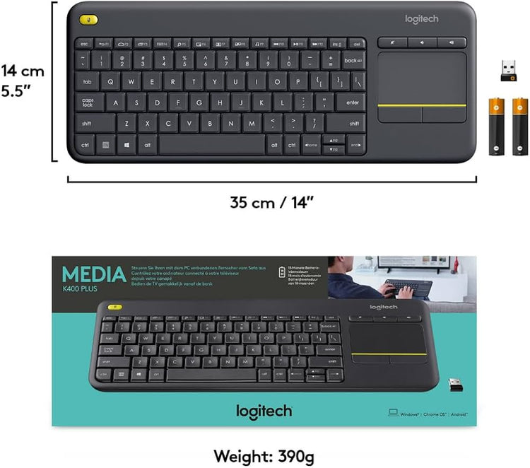 Logitech K400 Plus Wireless Touch TV Keyboard With Easy Media Control and Built-in Touchpad, HTPC Keyboard for PC-connected TV, Windows, Android, Chrome OS, Laptop, Tablet, US INT'L Layout - Black