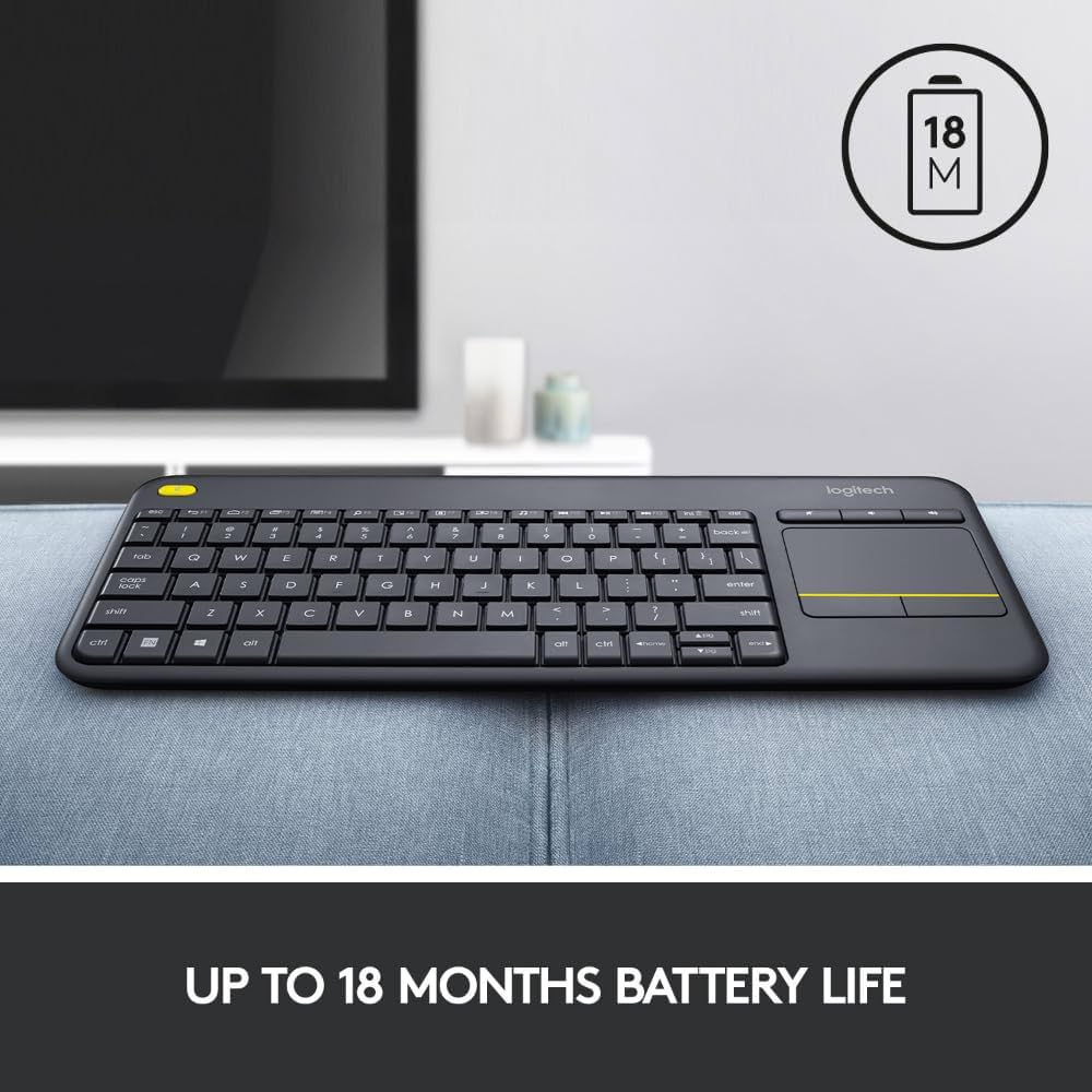 Logitech K400 Plus Wireless Touch TV Keyboard With Easy Media Control and Built-in Touchpad, HTPC Keyboard for PC-connected TV, Windows, Android, Chrome OS, Laptop, Tablet, US INT'L Layout - Black