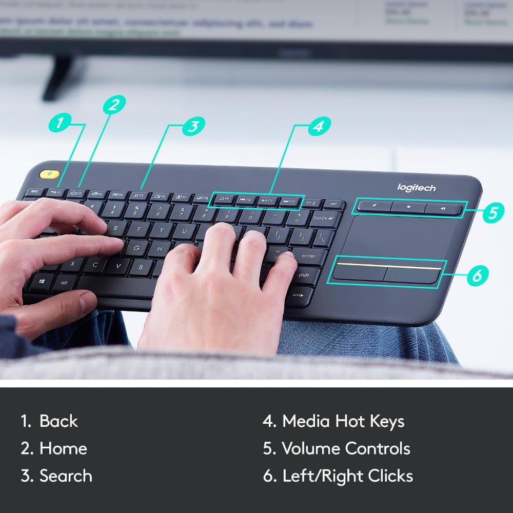 Logitech K400 Plus Wireless Touch TV Keyboard With Easy Media Control and Built-in Touchpad, HTPC Keyboard for PC-connected TV, Windows, Android, Chrome OS, Laptop, Tablet, US INT'L Layout - Black